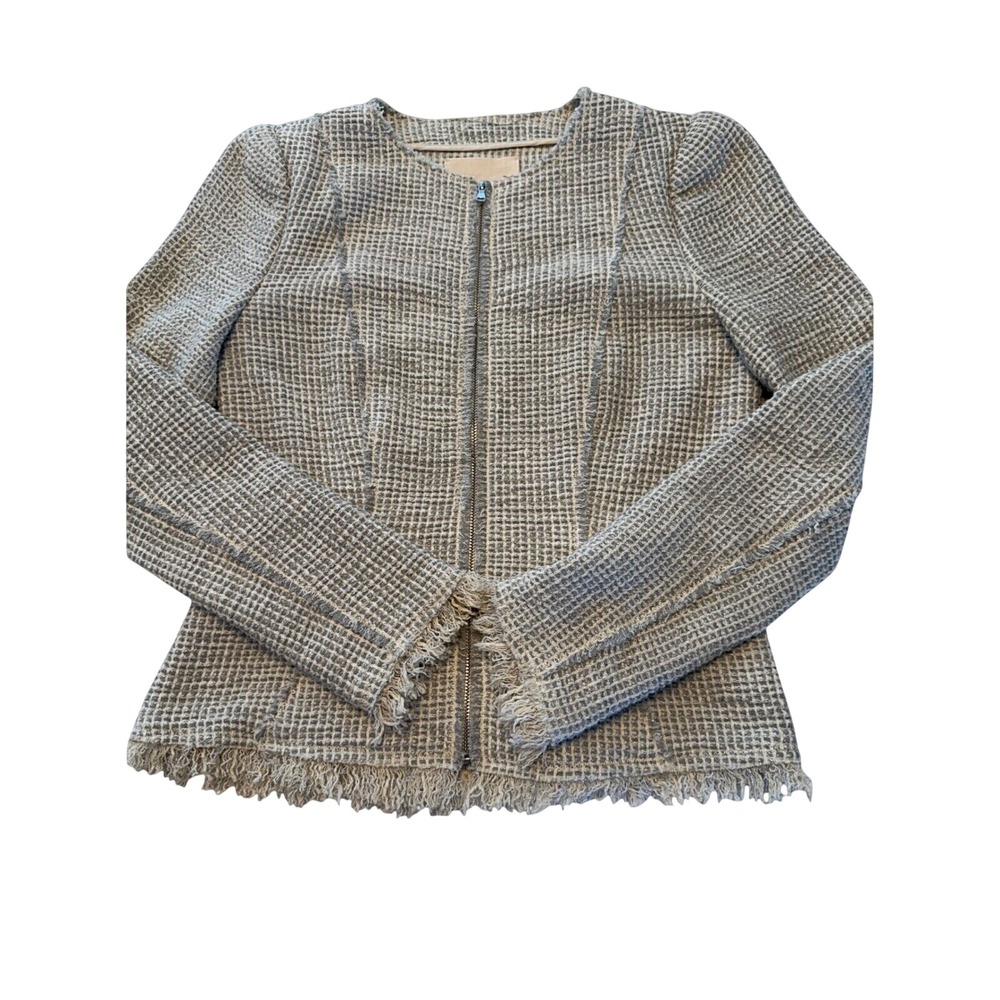 Rebecca Taylor Grey Tweed Zip Front Fringe Jacket Size 4 Waffle Knit Blazer